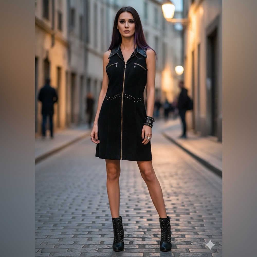 The Leather Ranch Black Suede and Gold Studded Sleeveless Front Zip Dress Size 1